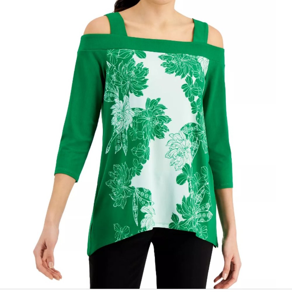 JM Collection Green Isle Combo Printed Faux-Wrap Top,  Size L  NWOT